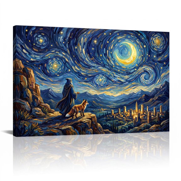 XaaKee Celestial Fox Watch Art Prints Canvas Wall Art Textured Galaxy Canvas Prints Wall Art Inner Framed 18*12Inch
