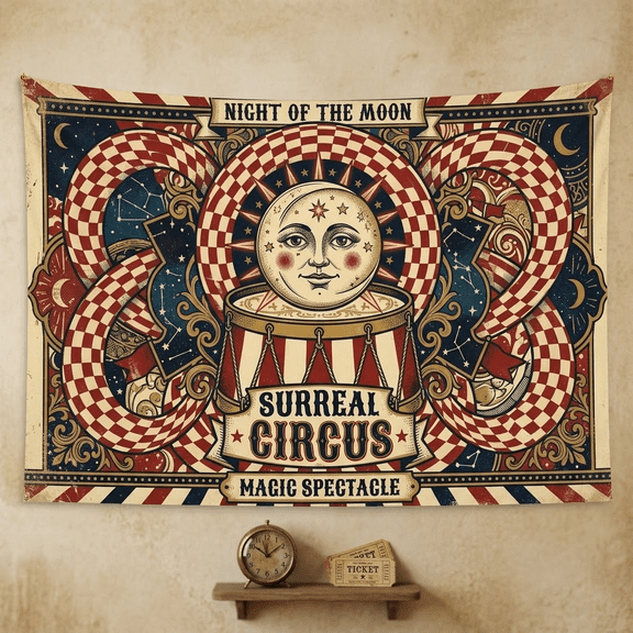 XaaKee, Checkerboard Moon Magic Tapestry, Vintage Circus Wall Tapestry, High-Quality Polyester Bedroom Tapestry, 60x40Inch