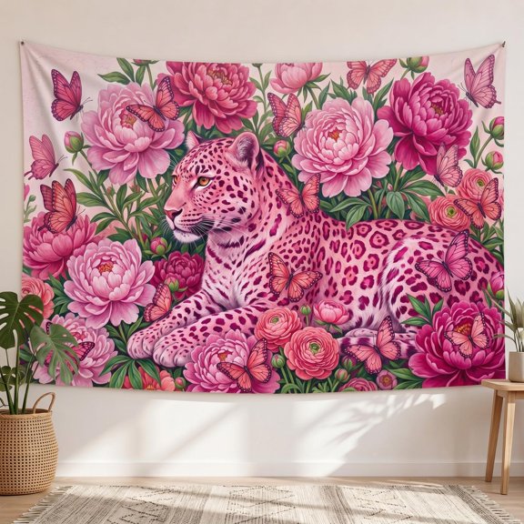 XaaKee, Cherry Bloom Rosette Jaguar Tapestry, Maximalist Floral Wall Tapestry, High-Quality Polyester Bedroom Tapestry, 60x40Inch