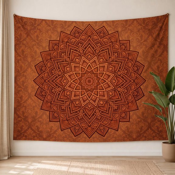 XaaKee, Cinnamon Radial Harmony Tapestry, Damask Border Decorative Print Pattern, 60x40Inch