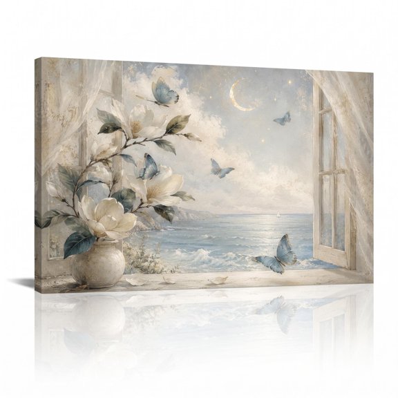 XaaKee Coastal Bloom View Canvas Wall Art Coastal Hydrangea Butterflies Painting Canvas Prints Wall Art Inner Framed 18*12Inch