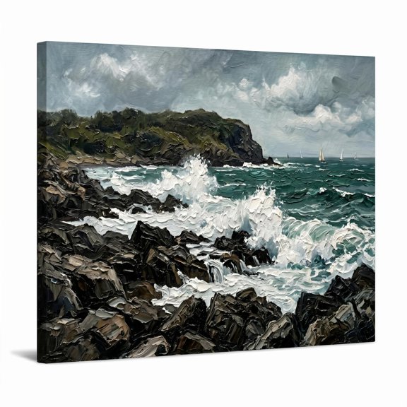 XaaKee Coastal Rocks Impressionist Seascape Canvas Wall Art Tranquil Ocean View Painting Serene Beach Scene Prints Inner Framed 18*12Inch