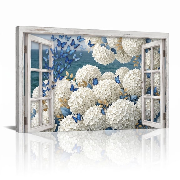 XaaKee Coastal Window Flora Butterflies Hydrangeas Modern Canvas Wall Art Prints Inner Framed 18*12Inch