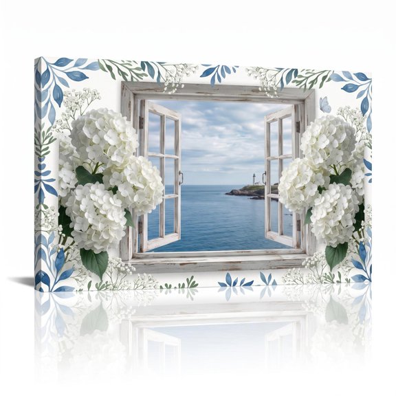 XaaKee Distant Sea Flower Art Window Canvas Wall Art Prints Hydrangea Ocean Seascape Painting Poster Inner Framed 18*12Inch