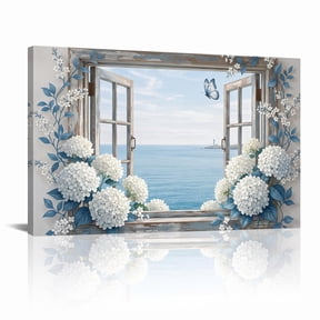 XaaKee Distant Sea Flower Harmony Seascape Hydrangea Art Prints Canvas Wall Art Prints Inner Framed 18*12Inch