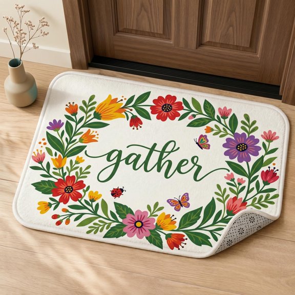 XaaKee Door Mat, Gather Botanical Wreath Print Front Door Mat, Non-Slip Rubber Backing Outdoor Rug for Entryway and Kitchen, 20x31inch