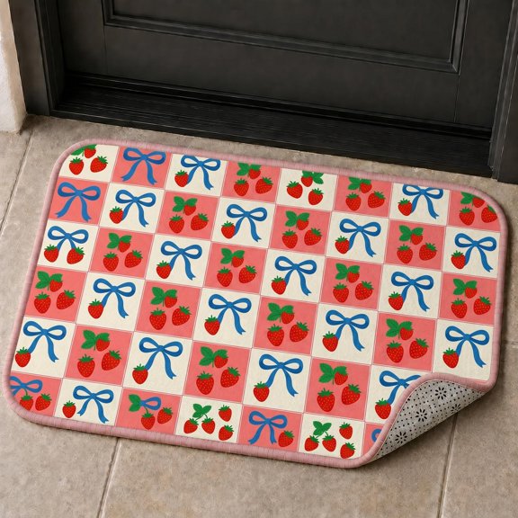 XaaKee Door Mat, Strawberry And Bow Layout Welcome Mat, Non-Slip Rubber Backing Front Door Mat, Indoor Outdoor Entrance Kitchen, 20x31inch