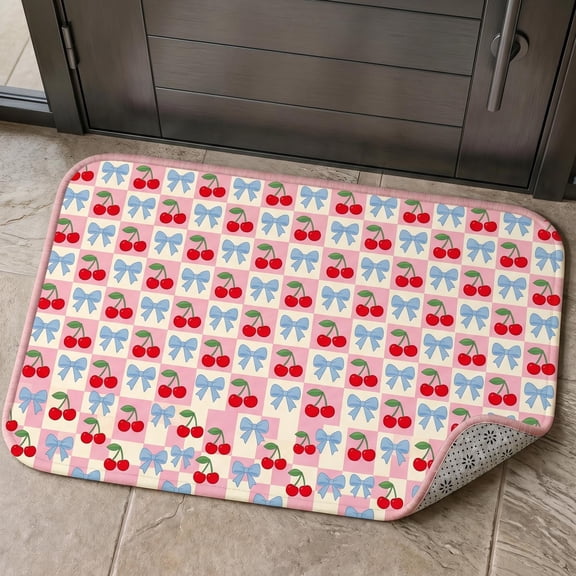 XaaKee Door Mat, Sweet Cherry Ribbon Artwork Welcome Mat, Non-Slip Rubber Backing Front Door Mat, Indoor Outdoor Entrance Kitchen, 20x31inch