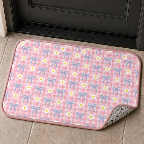 XaaKee Doormat, Daisy Bow Coquette Grid Front Door Mat, Non-Slip Rubber Backing Outdoor Rug For Entryway, 20x31inch