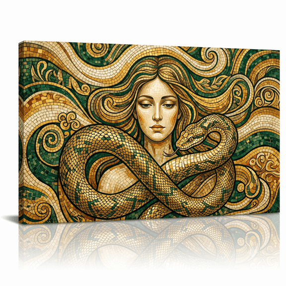 XaaKee Emerald And Gold Pointillism Mystic Woman Holding Snake Art Prints Canvas Wall Art Prints Inner Framed 18*12Inch