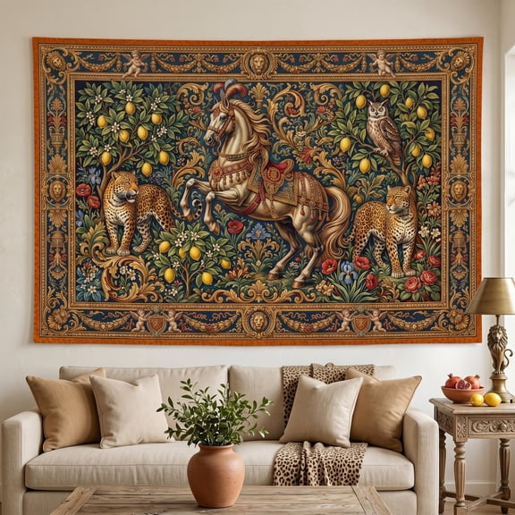 XaaKee Equestrian and Wildcat Tapestry Art, Baroque Equestrian Wall Tapestry, High-Quality Polyester Traditional Print Bedroom Tapestry, 60x40Inch