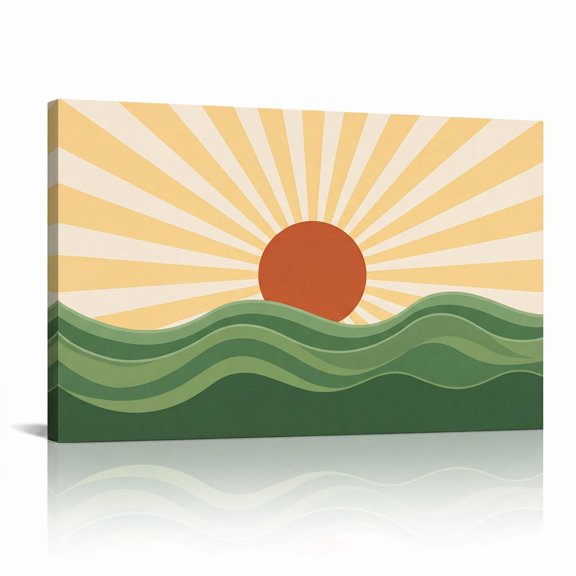 XaaKee Fern Horizon Art Prints Minimal Landscape Vector Sun Earthy Greens Canvas Wall Art Prints Inner Framed 18*12Inch