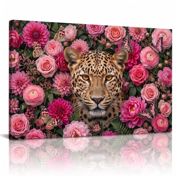XaaKee Floral Leopard Bloom Pink Leopard Flowers Art Prints Canvas Wall Art Prints Inner Framed 18*12Inch