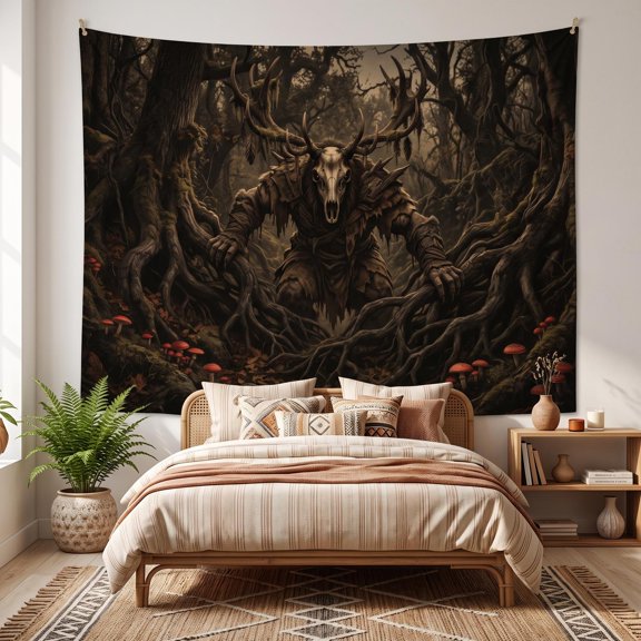 XaaKee Fungal Woods Skull Creature Tapestry Wall Hanging, Skull Monster Woodland Entity Dark Fantasy Creature Tree Demon, High-Quality Polyester Wall Tapestry Decor, 60x40Inch