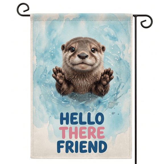 XaaKee Garden Flag, Friendly Baby Otter River Otter Animal Portrait Welcome Sign, Double-sided High-Quality White Linen Yard Flags, Yard Flag Patio Outside Decoration, 12x18Inch