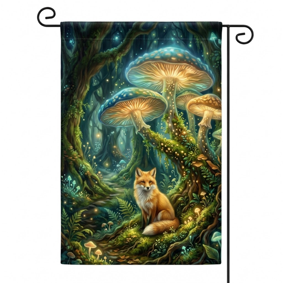 XaaKee Garden Flag, Mystic Canopy Wanderer Calm Fox and Bioluminescent Mushroom Garden Flags, Double-Sided High-Quality White Linen Yard Flag Outside Art, Porch Lawn Yard Flags 12x18Inch