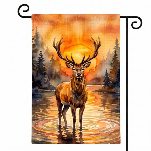 XaaKee Garden Flag, Proud Stag Morning Glow Garden Flags, Double-sided High-Quality White Linen Yard Flag, Watercolor Reflection Landscape Yard Flags, 12x18Inch