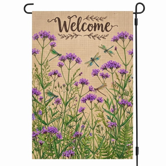 XaaKee Garden Flag, Rustic Floral Decorative Lettering Verbena Yard Flags, Double-Sided High-Quality White Linen Small Garden Flags, Residential Mailbox Outdoor Display, 12x18Inch