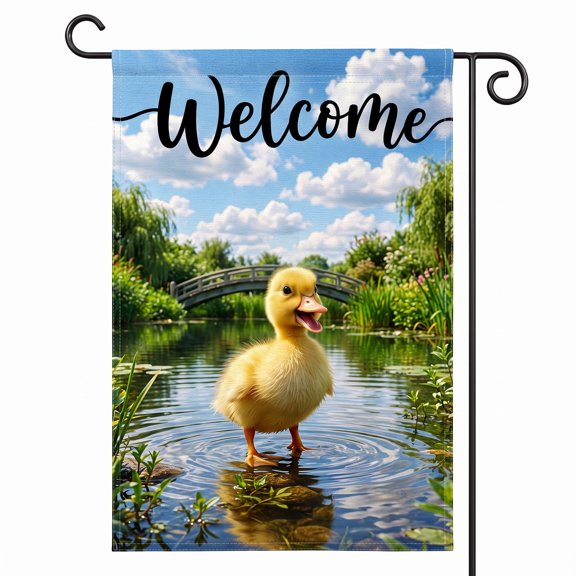 XaaKee Garden Flag, Yellow Calm Pond Ducklings Yard Flags, Double-sided High-Quality White Linen Yard Flag, Flowing Script Banner, 12x18Inch