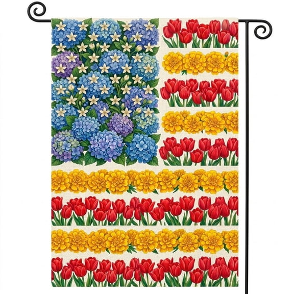 XaaKee Garden Flags, American Flag Motif With Blue Hydrangeas Yard Flag, Double-Sided High-Quality White Linen Small Garden Flags, Rustic Elegance For Outdoor Patio Decor, 12x18Inch