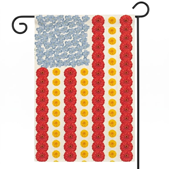 XaaKee Garden Flags, American Flag Motif And Blue Morning Glories Yard Flags, Double-Sided High-Quality White Linen Small Garden Flags For Patio And Lawn, 12x18Inch