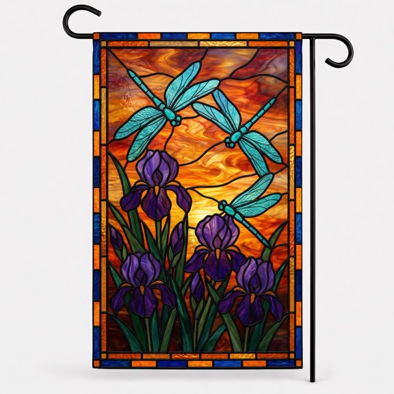 XaaKee Garden Flags, Aquamarine Dragonfly Yard Flags, Purple Irises Spring Garden Flag, Double-Sided High-Quality White Linen Small Garden Flags For Outside, Outdoor Decor, 12x18Inch