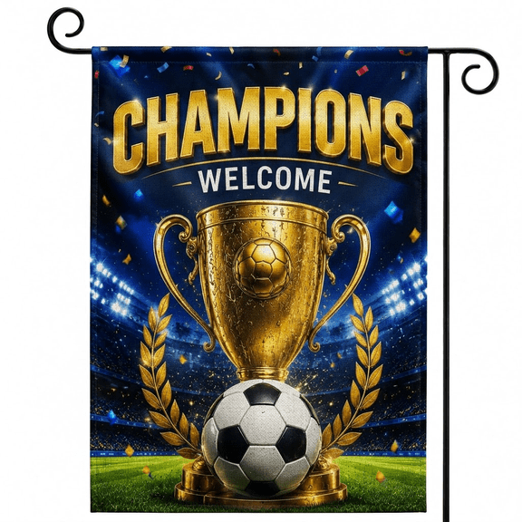 XaaKee Garden Flags, Champion Gold Merit Soccer Championship Yard Flags, Double-sided High-quality White Linen Small Garden Flags For Outside, Victory Celebration Decor 12x18Inch