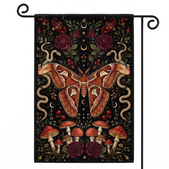 XaaKee Garden Flags Gothic Serpent Wing Atlas Moth and Copperheads Print, Double-sided High-Quality White Linen Summer Garden Flag for Outside Backyard Display, 12x18Inch