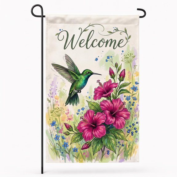 XaaKee Garden Flags, Green Hummingbird Fuchsia Flowers Welcome Calligraphy Garden Flag, Double-sided High-Quality White Linen Yard Flags Outside Patio Courtyard Lawn Small Garden Flags, 12x18Inch