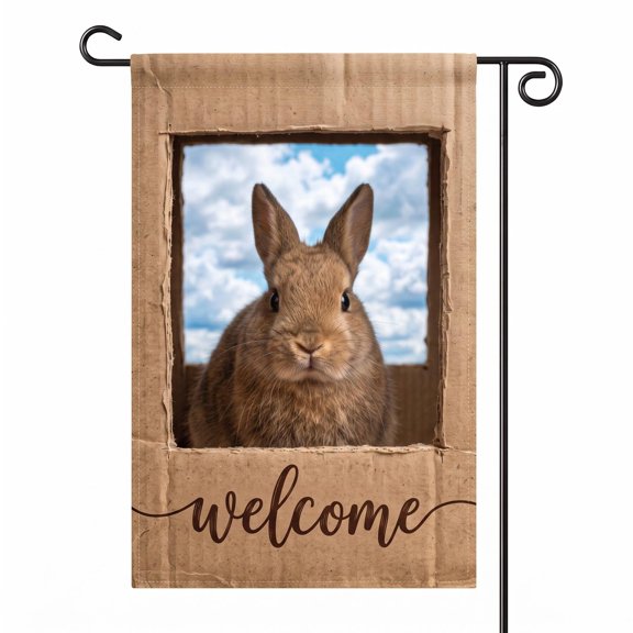 XaaKee Garden Flags, Lovely Rabbit Welcome Typography Spring Garden Flag, Double-Sided High-Quality White Linen Summer Garden Flag for Outside Clearance, Patio Yard Lawn Decor, 12x18Inch