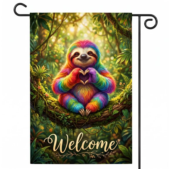 XaaKee Garden Flags, Smiling Sloth Heart Sign Rainbow Coat Welcome Spring Garden Flag, Double-sided High-Quality White Linen Small Garden Flags For Outside Clearance, Yard Flags Decoration, 12x18Inch