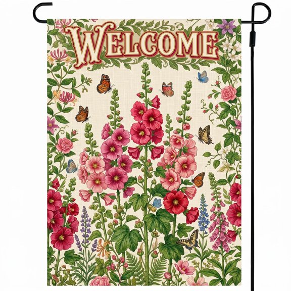 XaaKee Garden Flags, Spring Garden Hollyhocks Yard Flags, Double-Sided High-Quality White Linen Garden Flags For Outside, Patio And Lawn Decor 12x18Inch