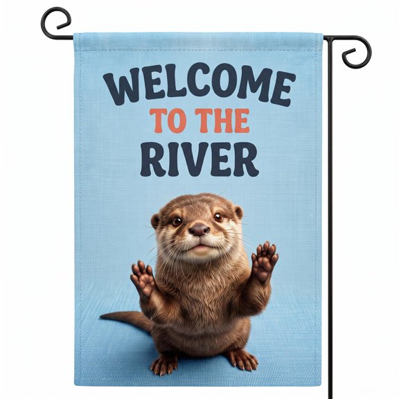 XaaKee Garden Flags, Welcome To The River Welcoming Cute Otter Yard Flag, Double-sided High-Quality White Linen Summer Garden Flag, Animal Portrait Welcome Accent, 12x18Inch