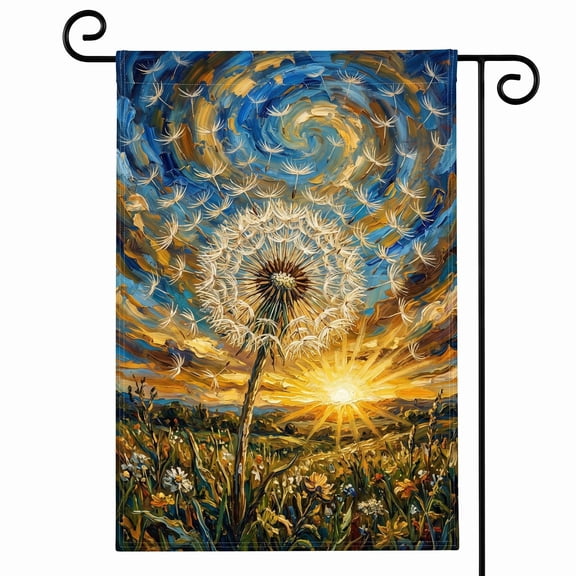 XaaKee Garden Flags, Windswept Golden Halo Dandelion Yard Flag, Double-sided High-Quality White Linen Garden Flags For Outside, Small Garden Flags For Patio, 12x18Inch