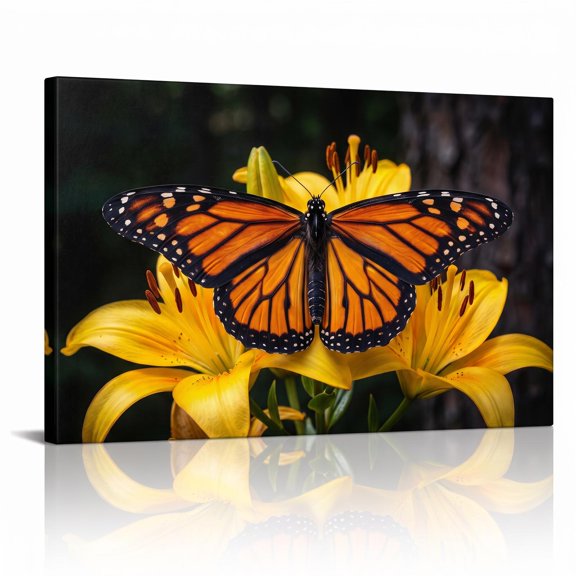 XaaKee Golden Monarch Wings 0039 Butterfly Yellow Petals Botanical Modern Canvas Wall Art Art Prints Canvas Prints Wall Art Inner Framed 18*12Inch