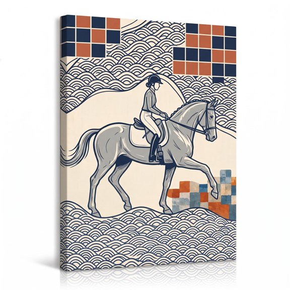 XaaKee Grey Gelding Dressage Rider Blue Tile Grid Canvas Wall Art Mosaic Manege Modern Terracotta Graphic Plants Canvas Prints Wall Art Inner Framed 18*12Inch