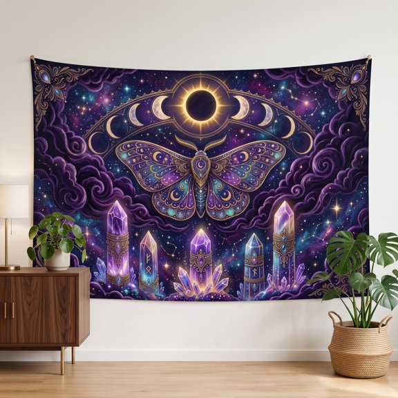 XaaKee Large Tapestry, Golden Eclipse Moth Decor And Crystal Pillars, High-Quality Polyester Room Tapestry, 60x40Inch