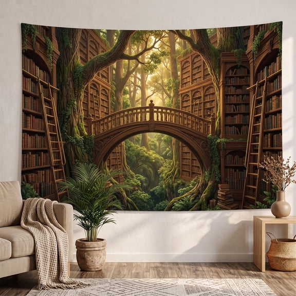 XaaKee Large Tapestry, Grand Woodland Archives Nature Library, High-Quality Polyester Room Tapestry, 60x40Inch