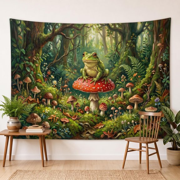 XaaKee Large Tapestry, Mossy Clearing Kingdom Toadstools and Frog, High-Quality Polyester Room Tapestry, 60x40Inch