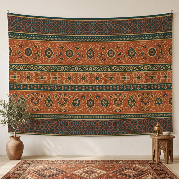 XaaKee Large Tapestry Ornate Border Medley Floral Geometric Motifs High-Quality Polyester Large Wall Tapestry 60x40Inch