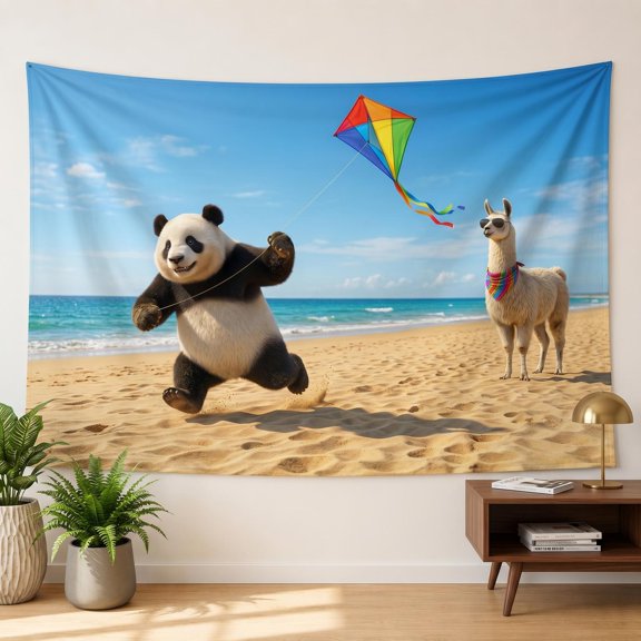 XaaKee Large Tapestry, Panda Colorful Kite Llama Watching, High-Quality Polyester Room Tapestry, 60x40Inch