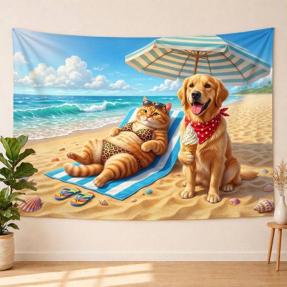 XaaKee Large Wall Tapestry, Chubby Cat In Leopard Bikini With Golden Retriever, High-Quality Polyester Tapestry For Bedroom, 60x40Inch