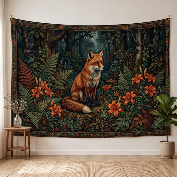 XaaKee Large Wall Tapestry, Fox in Ferns, Enchanted Forest, High-Quality Polyester Room Tapestry, 60x40Inch