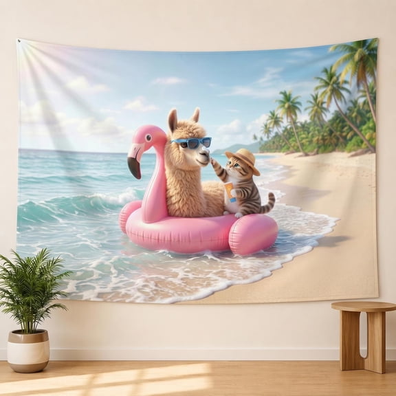 XaaKee, Llama Flamingo Rider Tapestry, Decorative High-Quality Polyester Bedroom Wall Tapestry, 60x40Inch
