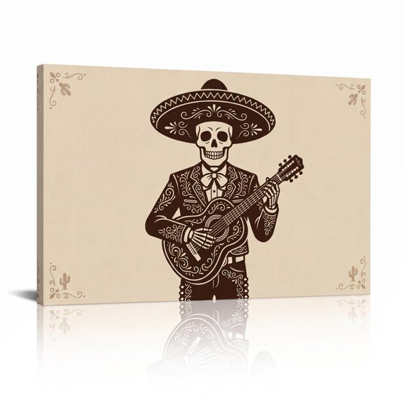 XaaKee Mariachi Skeleton Art Prints Day of the Dead Portrait Swirling Filigree Patterns Canvas Wall Art Canvas Prints Wall Art Inner Framed 18*12Inch