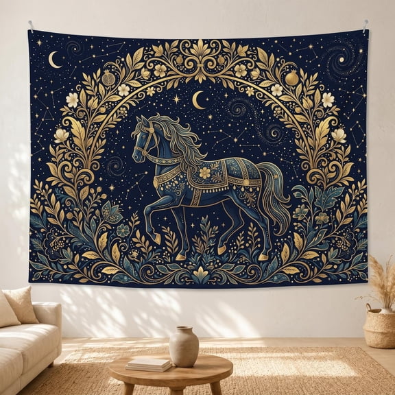 XaaKee Midnight Star Steed, Dark Blue Floral Wall Tapestry, High-Quality Polyester Large Wall Tapestry for Bedroom Living Room Decor, 60x40Inch