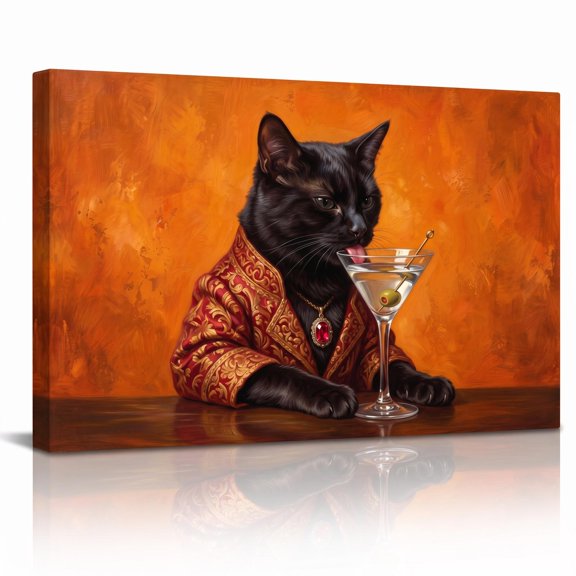 XaaKee Noir Feline 0036 Sleek Dark Onyx Cat Art Prints Vintage Regal Animal Portrait Canvas Wall Art Inner Framed 18*12Inch