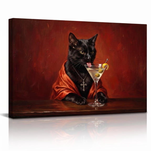 XaaKee Noir Feline Cat with Martini Glass Canvas Wall Art Classical Regal Animal Portrait Print Inner Framed 18*12Inch