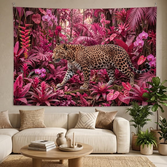 XaaKee, Pink Botanical Wildcat Tapestry, Magenta Safari Jungle Wall Hanging, High-Quality Polyester Bedroom Tapestry, Realistic Animal Decor, 60x40Inch