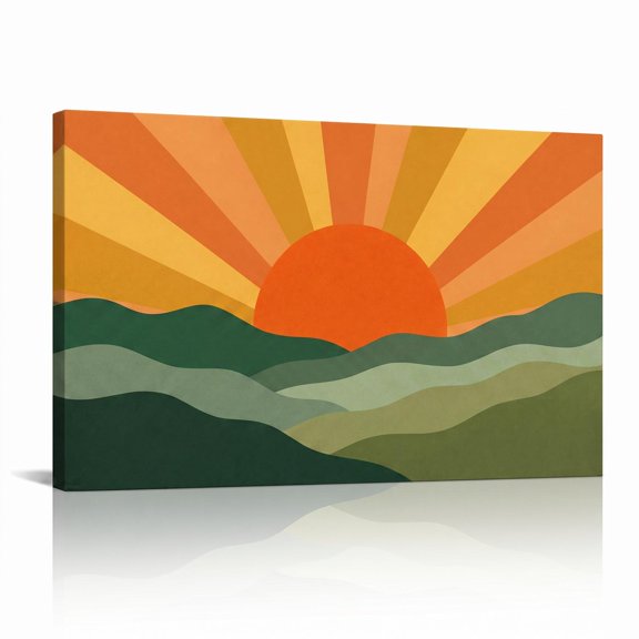 XaaKee Retro Retro Landscape Vector Waves Sunburst Canvas Art Prints Inner Framed 18*12Inch